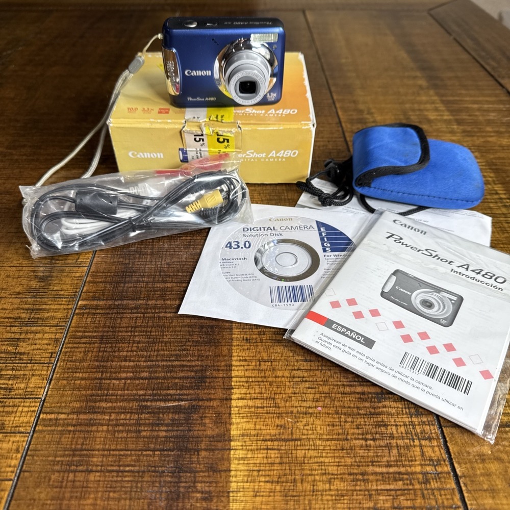 Canon PowerShot A480 Digital Camera 10MP 3.3X Optical Zoom TESTED Cables EUC